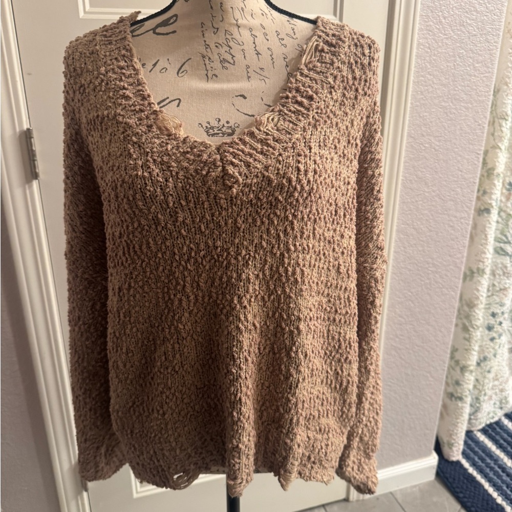 Lulu's Taupe V-Neck Textured Knit Sweater